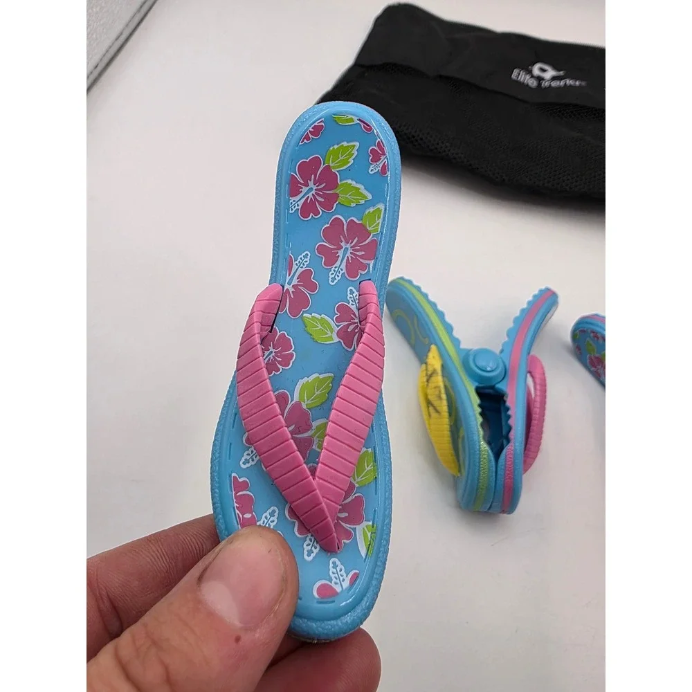 Elite Trend Flip Flop Beach Towel Clips Set of 3 Blue Pink Floral With Mesh N3
